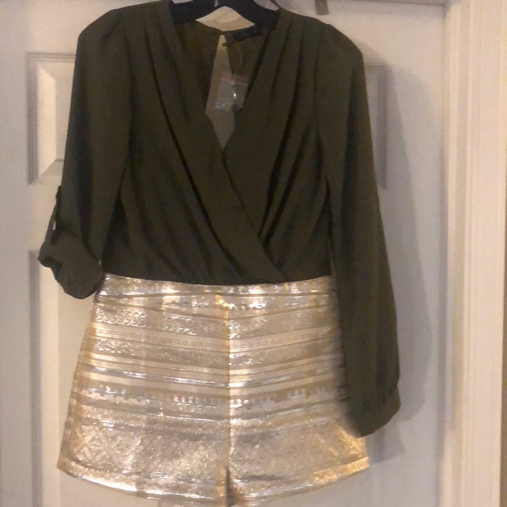 Romper - olive green w/,metallic gold & silver bottom